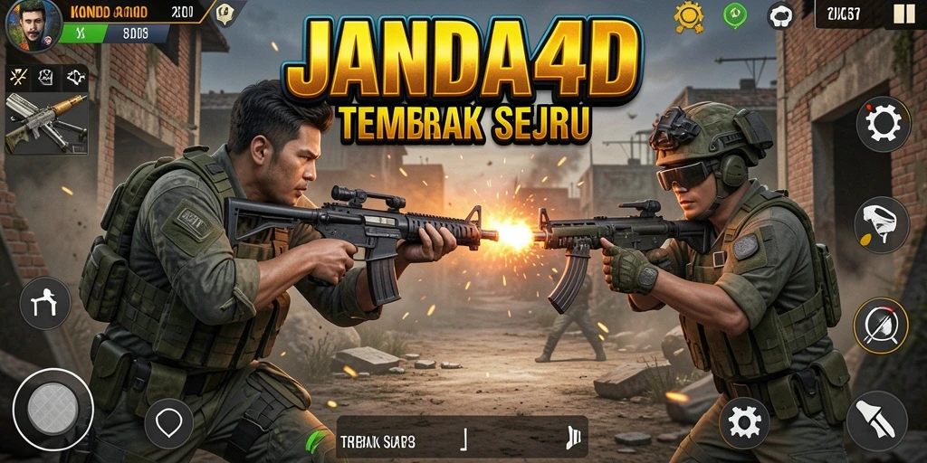 Screenshot utama JANDA4D menunjukkan aksi menembak yang mendebarkan.