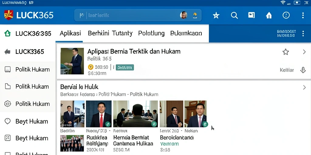 Antarmuka pengguna LUCK365 yang menampilkan berita politik dan hukum.