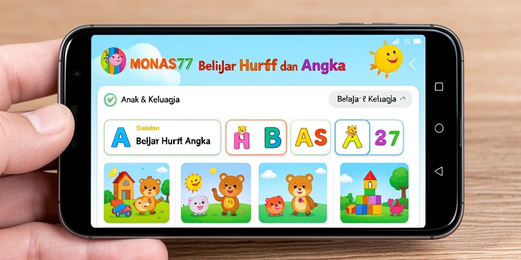 Tampilan antarmuka aplikasi MONAS77 untuk belajar huruf dan angka.